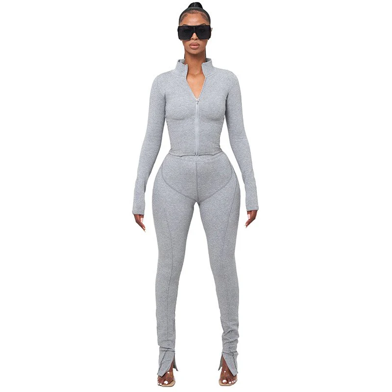 Woman 2pcs Suit Solid Color Stripes stitching Long Sleeve Zipper Hoodies+Pencil Pant S-L 3Color - Image 5