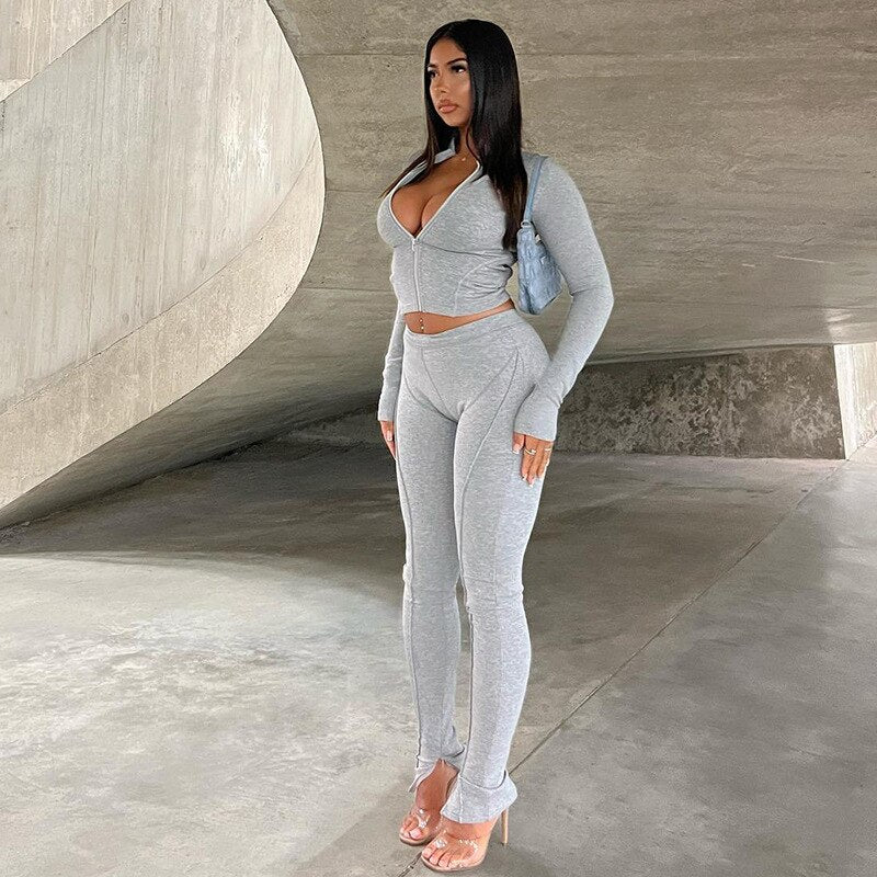 Woman 2pcs Suit Solid Color Stripes stitching Long Sleeve Zipper Hoodies+Pencil Pant S-L 3Color - Image 8