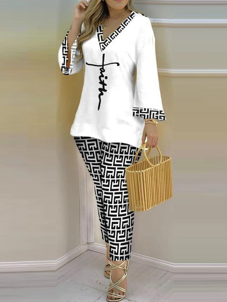 Woman Dress Set Summer New Women's Suit Fashion Sexy V-neck Print Thin Long-Sleeved Trousers Casual Women's Suit Two-Piece Set - Image 9