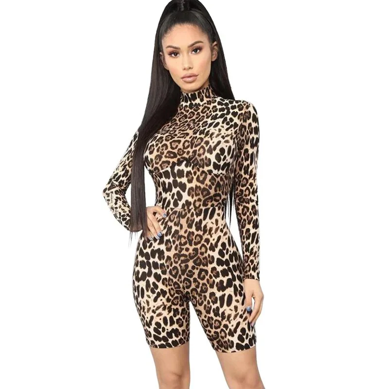 Woman High Neck Short Jumpsuit Tiger Stripes leopard Printed Long Sleeve Short Bodysuit S-L P1735252 - Image 3