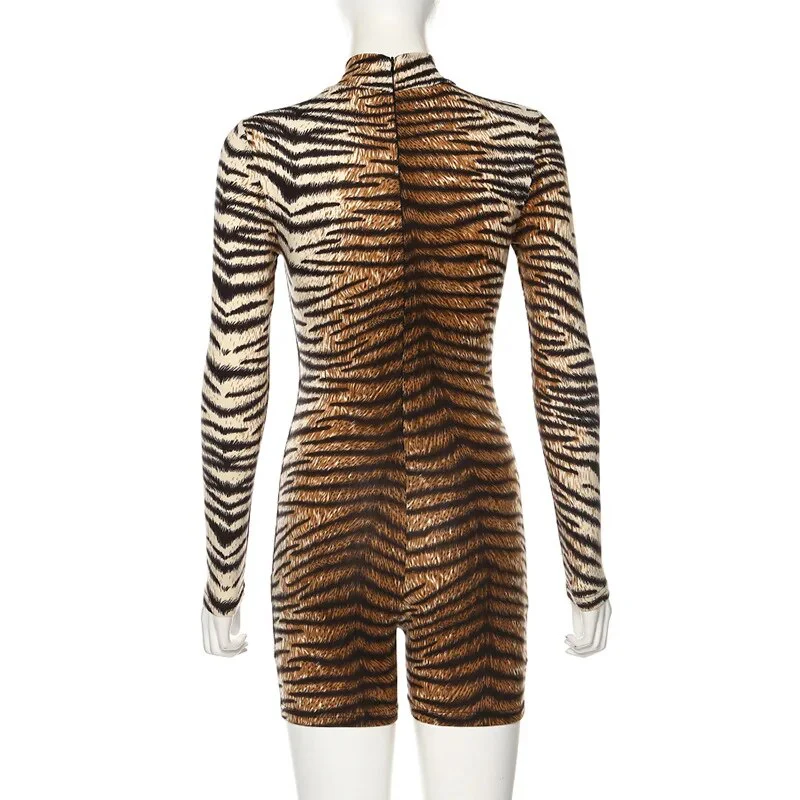 Woman High Neck Short Jumpsuit Tiger Stripes leopard Printed Long Sleeve Short Bodysuit S-L P1735252 - Image 4