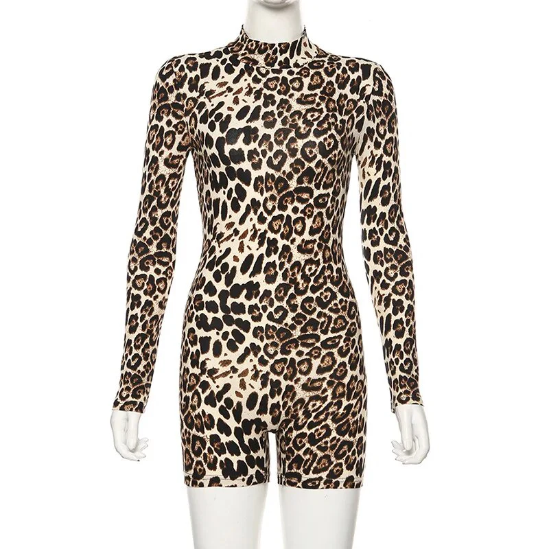 Woman High Neck Short Jumpsuit Tiger Stripes leopard Printed Long Sleeve Short Bodysuit S-L P1735252 - Image 5
