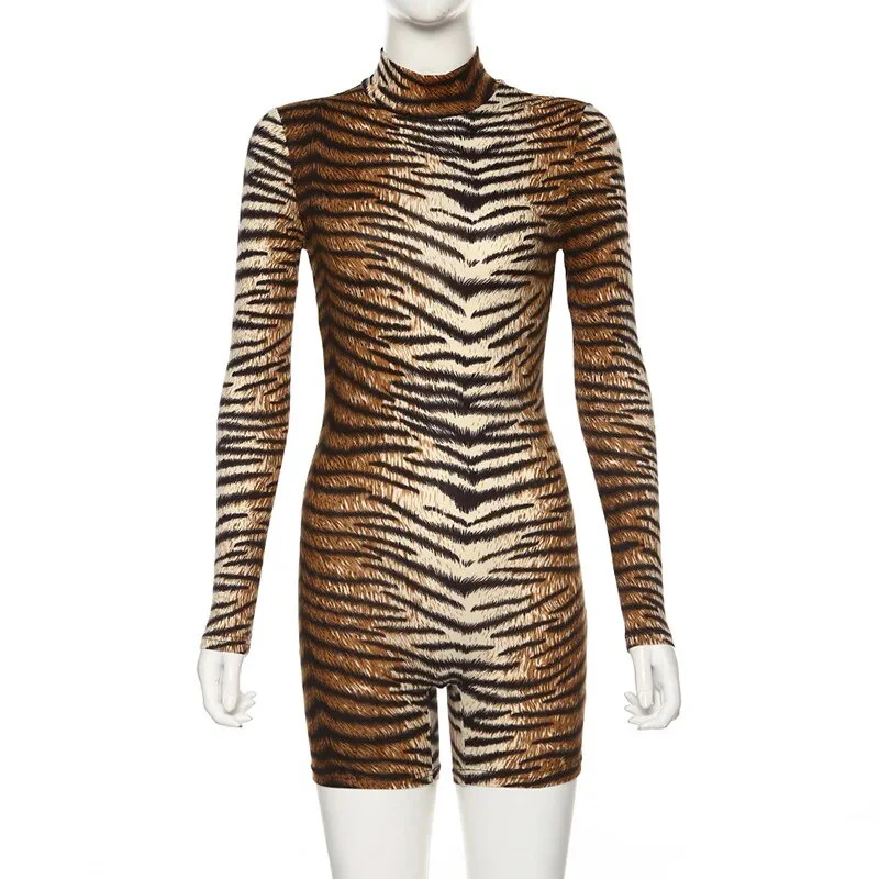 Woman High Neck Short Jumpsuit Tiger Stripes leopard Printed Long Sleeve Short Bodysuit S-L P1735252 - Image 7