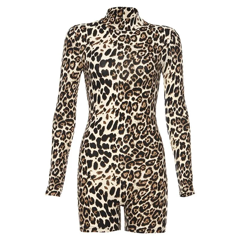 Woman High Neck Short Jumpsuit Tiger Stripes leopard Printed Long Sleeve Short Bodysuit S-L P1735252 - Image 8