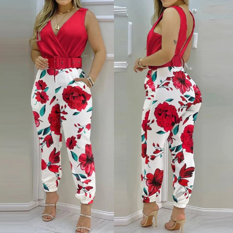 Woman Jumpsuits Elegant 2022 Jumpsuits  Sexy V-neck Sleeveless Printed Jumpsuit New Fashion with Belt Vest Playsuit Streetwear - Image 7