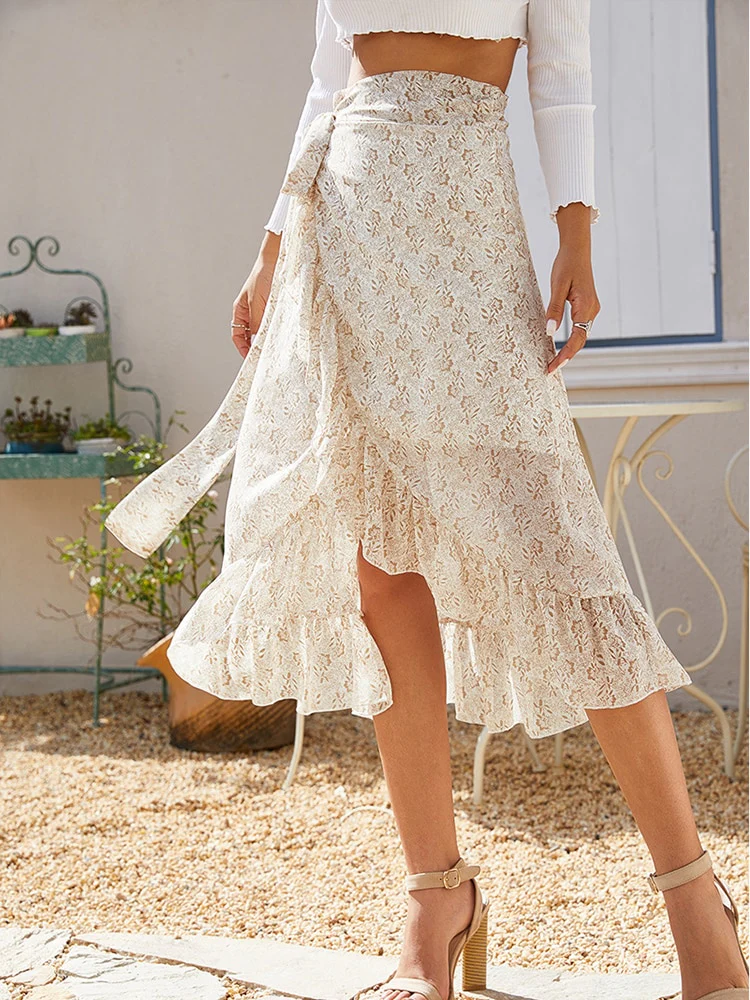 Woman Skirts High Waist Fashion Long Black Knotted Tied Wrap Floral Ruffle Chiffon A Line Split Skirt 2022 Spring Summer Clothes - Image 8