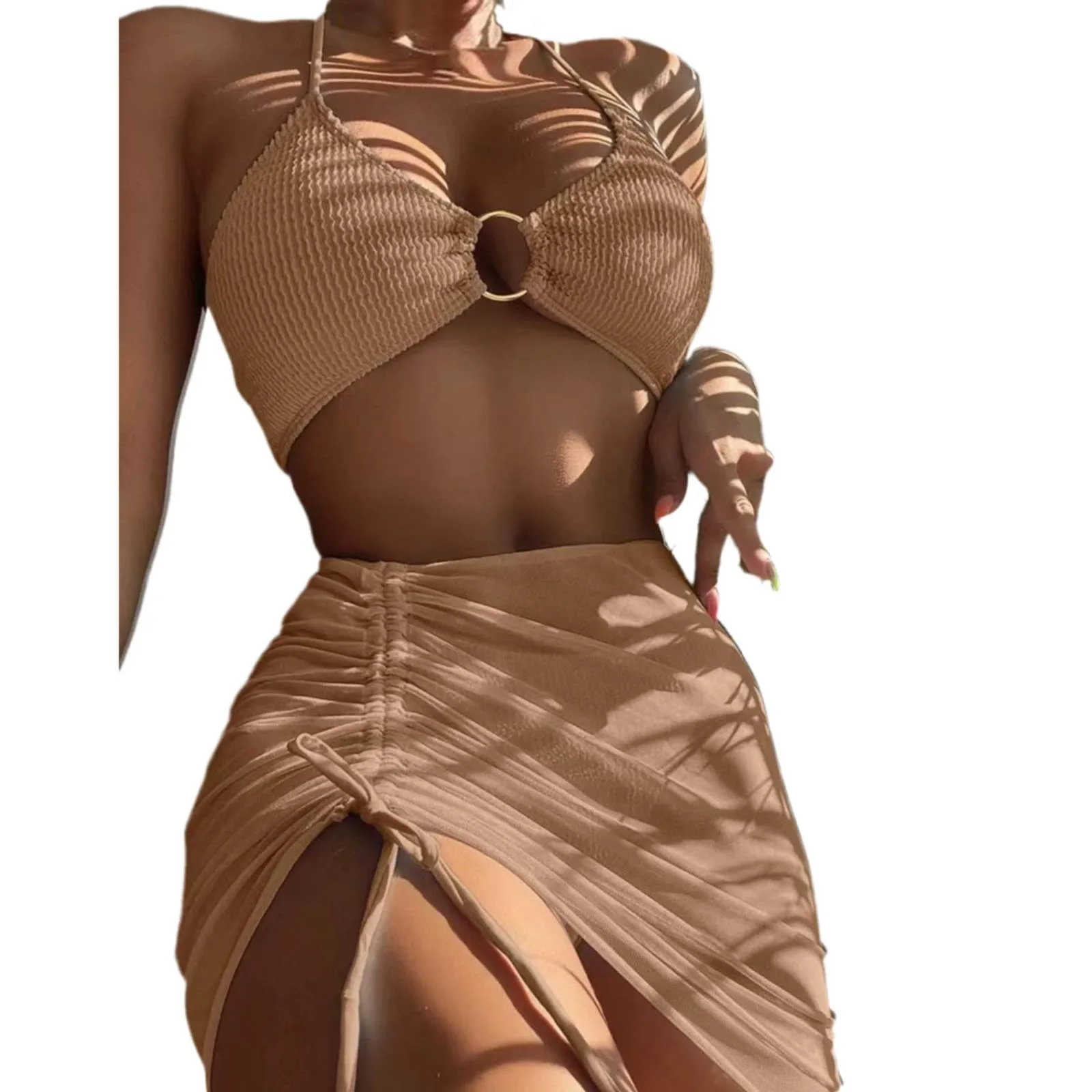 Women 3 Pieces Swimsuits Halter High Waist Push Up Ring Bikini Set Sexy See Through Cover Up Skirt 2023 Fashion Bathing Suits - Image 10