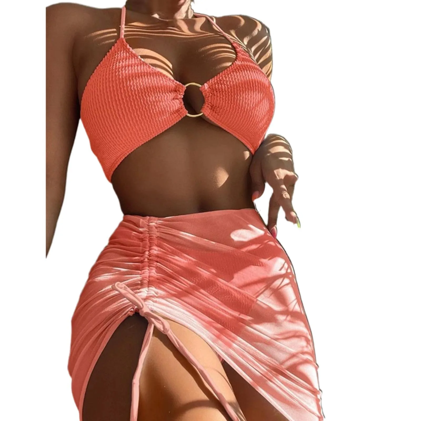 Women 3 Pieces Swimsuits Halter High Waist Push Up Ring Bikini Set Sexy See Through Cover Up Skirt 2023 Fashion Bathing Suits - Image 11