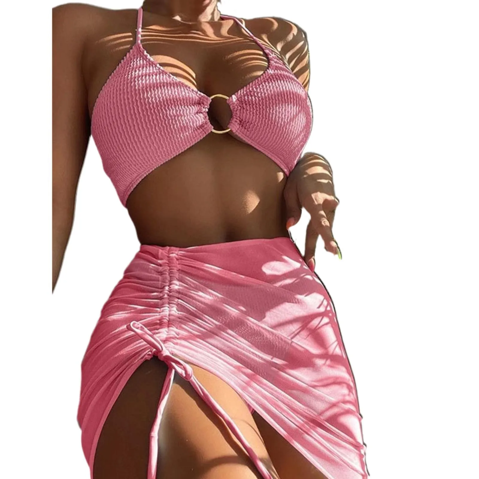 Women 3 Pieces Swimsuits Halter High Waist Push Up Ring Bikini Set Sexy See Through Cover Up Skirt 2023 Fashion Bathing Suits - Image 12
