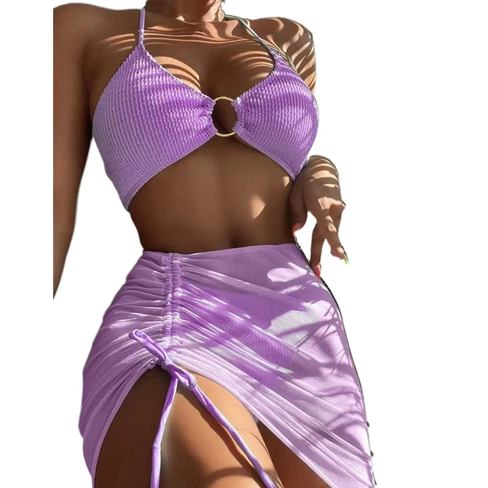 Women 3 Pieces Swimsuits Halter High Waist Push Up Ring Bikini Set Sexy See Through Cover Up Skirt 2023 Fashion Bathing Suits - Image 13