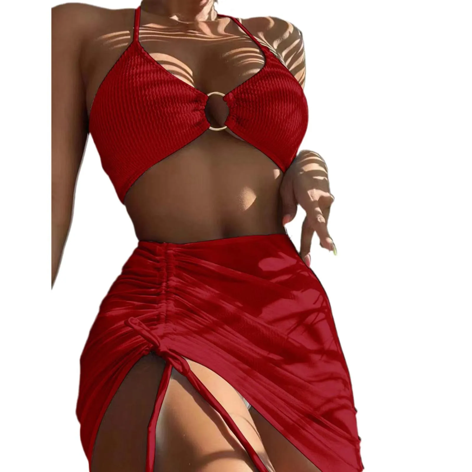 Women 3 Pieces Swimsuits Halter High Waist Push Up Ring Bikini Set Sexy See Through Cover Up Skirt 2023 Fashion Bathing Suits - Image 14