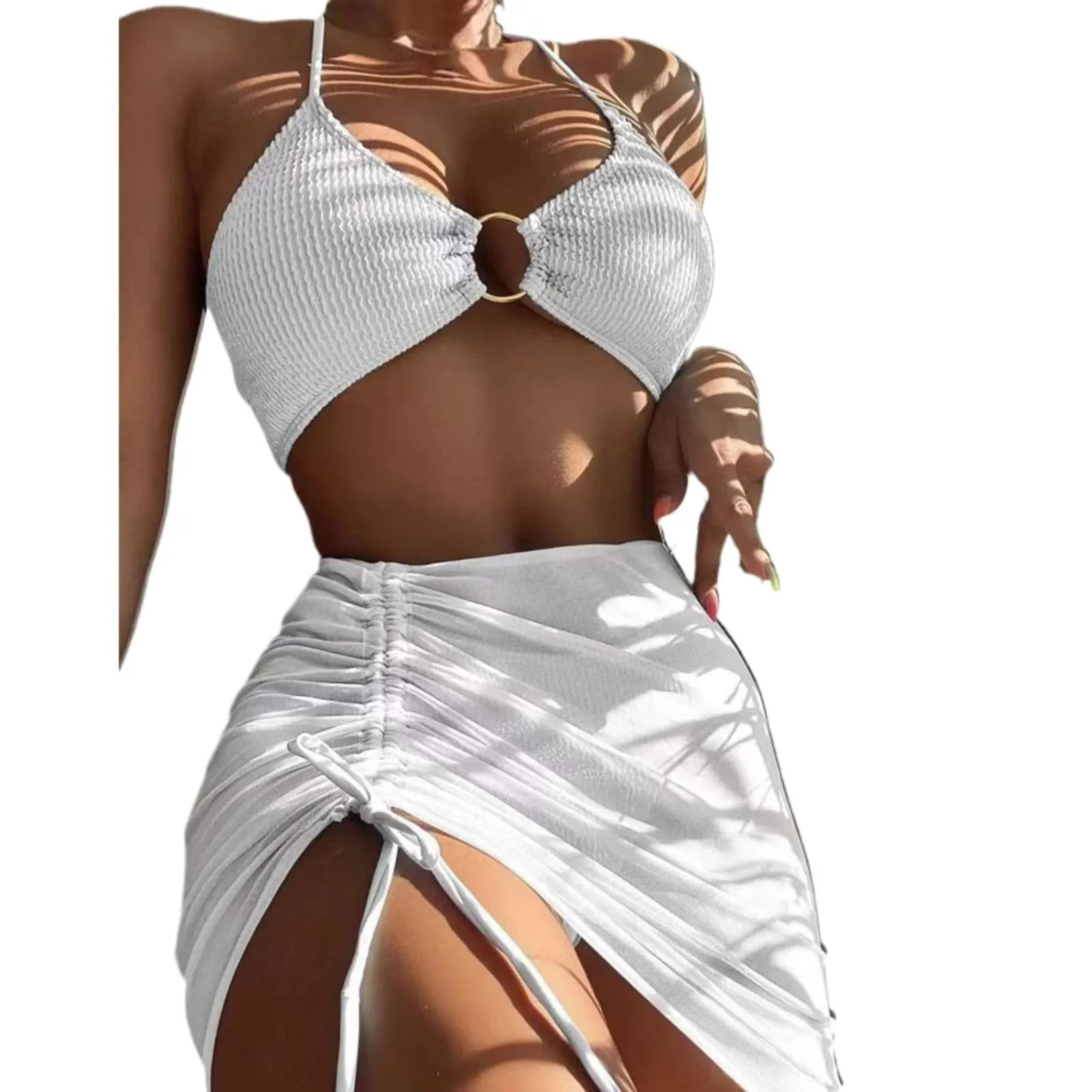 Women 3 Pieces Swimsuits Halter High Waist Push Up Ring Bikini Set Sexy See Through Cover Up Skirt 2023 Fashion Bathing Suits - Image 15