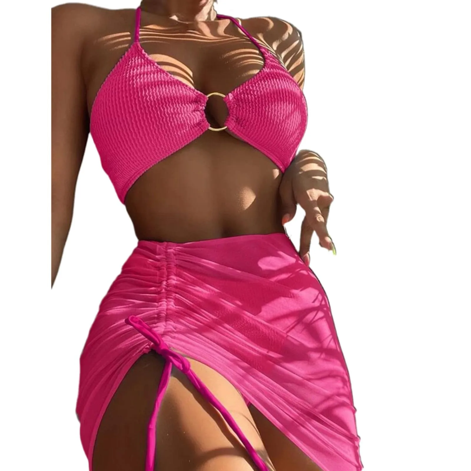 Women 3 Pieces Swimsuits Halter High Waist Push Up Ring Bikini Set Sexy See Through Cover Up Skirt 2023 Fashion Bathing Suits - Image 16