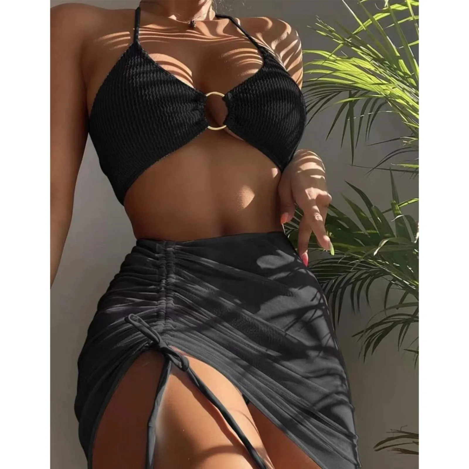 Women 3 Pieces Swimsuits Halter High Waist Push Up Ring Bikini Set Sexy See Through Cover Up Skirt 2023 Fashion Bathing Suits - Image 3