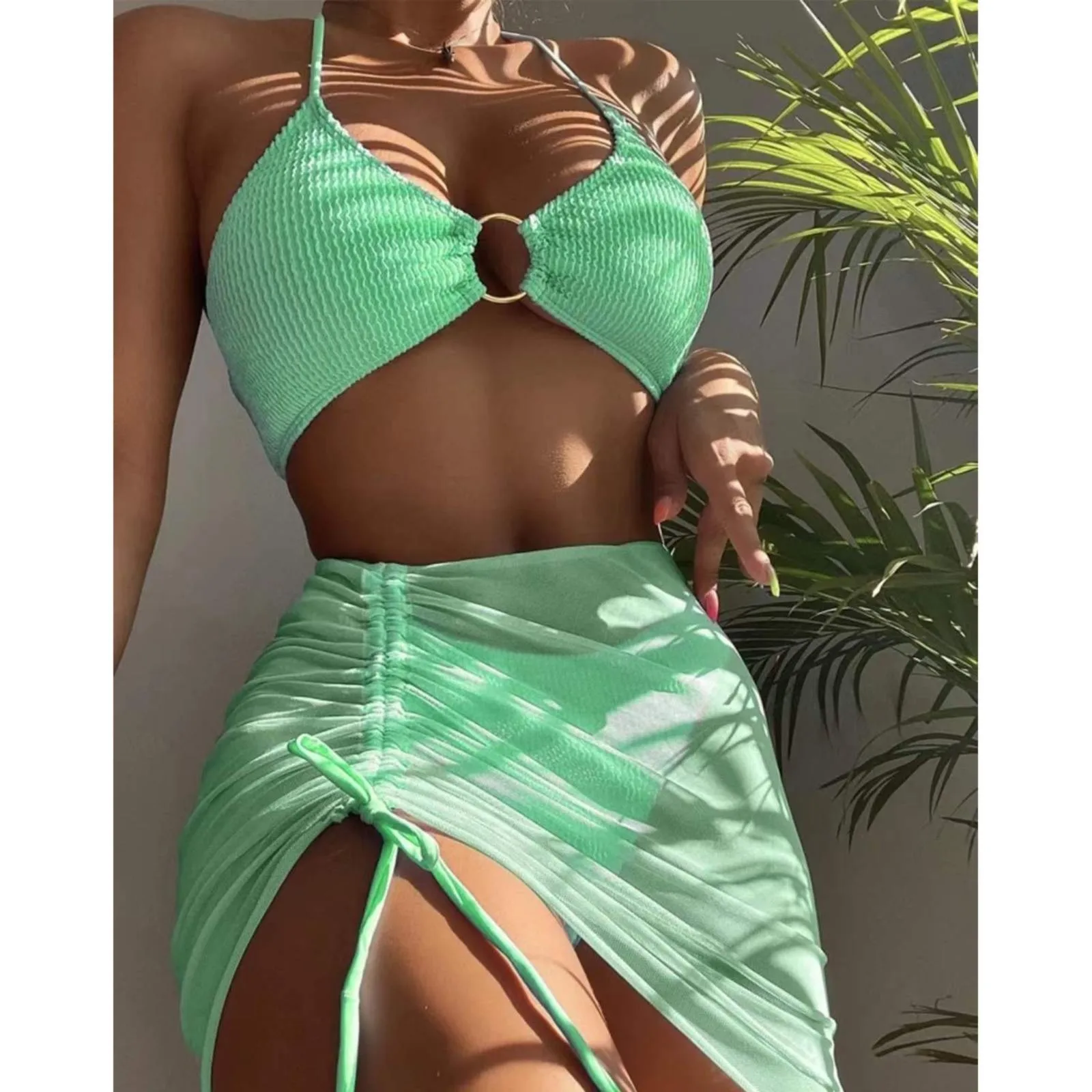 Women 3 Pieces Swimsuits Halter High Waist Push Up Ring Bikini Set Sexy See Through Cover Up Skirt 2023 Fashion Bathing Suits - Image 4
