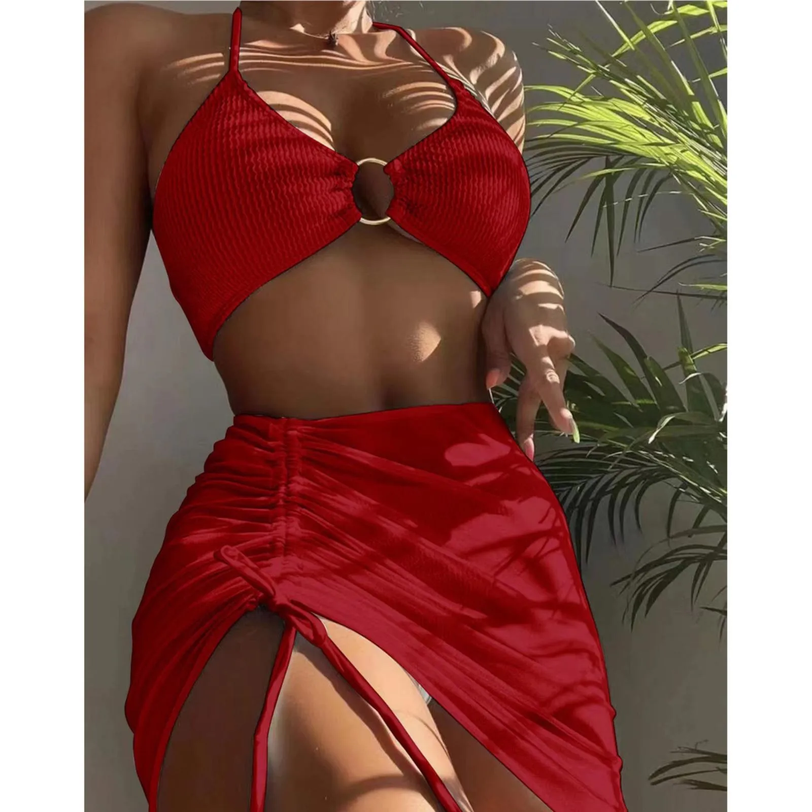 Women 3 Pieces Swimsuits Halter High Waist Push Up Ring Bikini Set Sexy See Through Cover Up Skirt 2023 Fashion Bathing Suits - Image 5