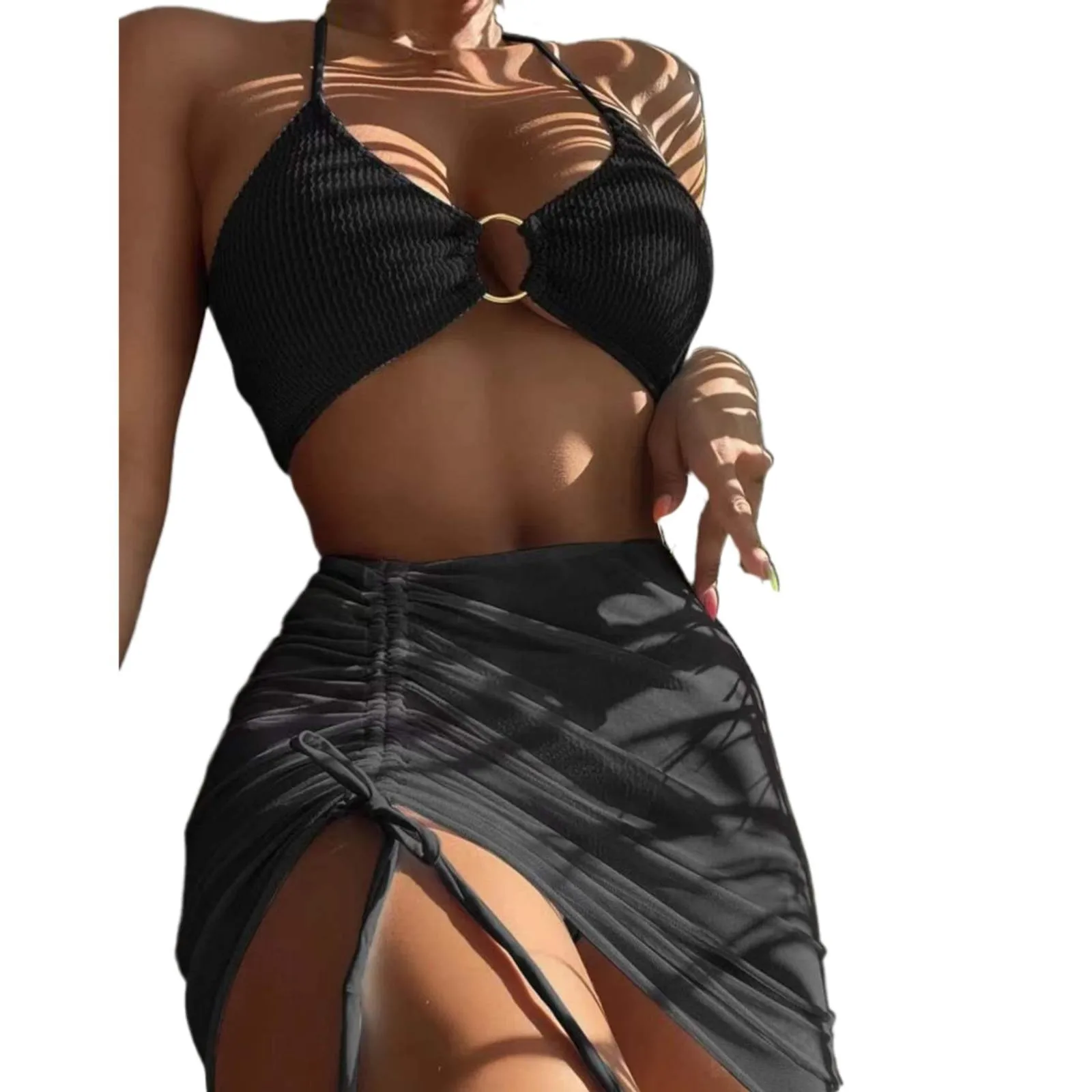 Women 3 Pieces Swimsuits Halter High Waist Push Up Ring Bikini Set Sexy See Through Cover Up Skirt 2023 Fashion Bathing Suits - Image 7