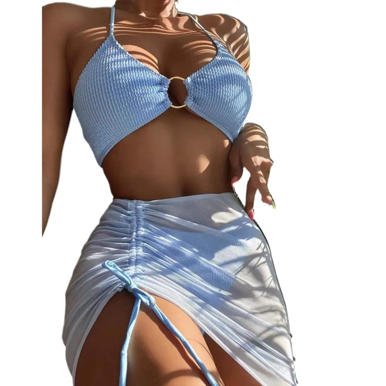Women 3 Pieces Swimsuits Halter High Waist Push Up Ring Bikini Set Sexy See Through Cover Up Skirt 2023 Fashion Bathing Suits - Image 8