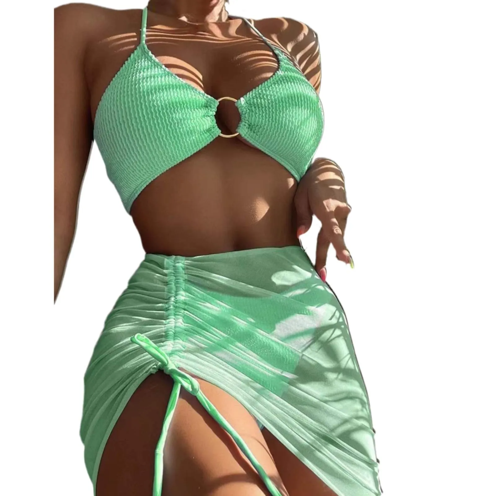 Women 3 Pieces Swimsuits Halter High Waist Push Up Ring Bikini Set Sexy See Through Cover Up Skirt 2023 Fashion Bathing Suits - Image 9