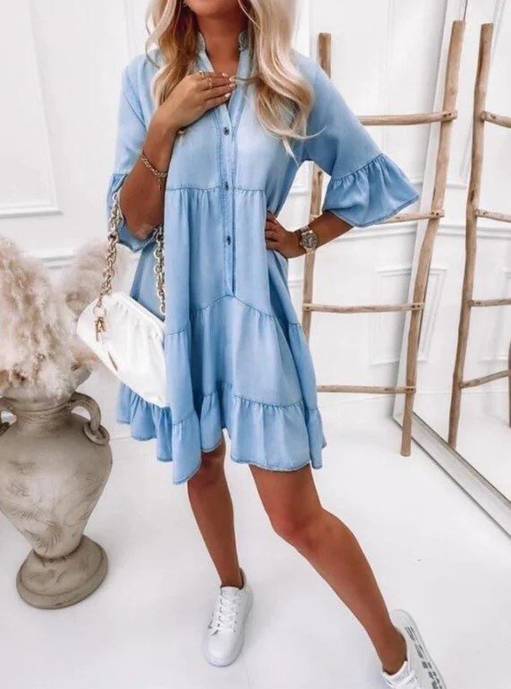 Sexy Women's Denim Dress Summer Short Sleeve Lapel Single Breasted Solid Color - Image 3