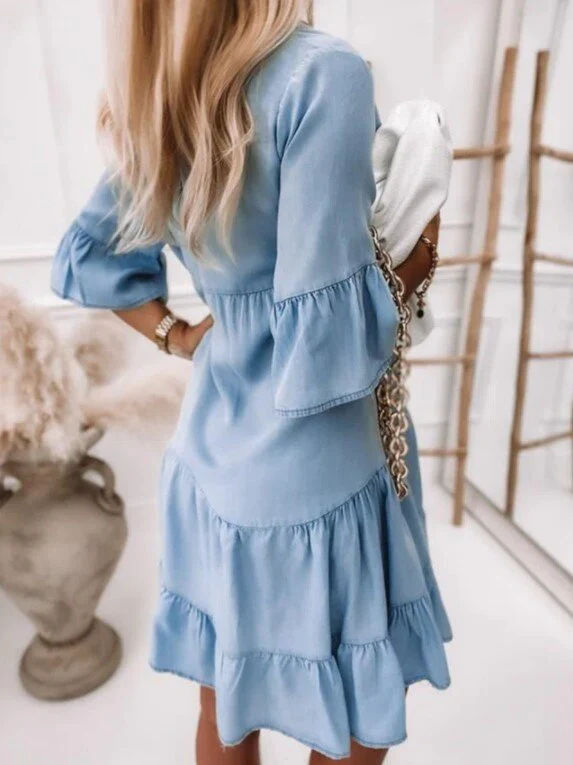 Sexy Women's Denim Dress Summer Short Sleeve Lapel Single Breasted Solid Color - Image 5