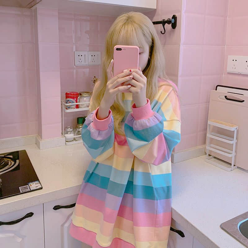 Sexy Women's Jacket Autumn Winter Rainbow Striped Long-sleeved Hoodless Shirt - Image 6