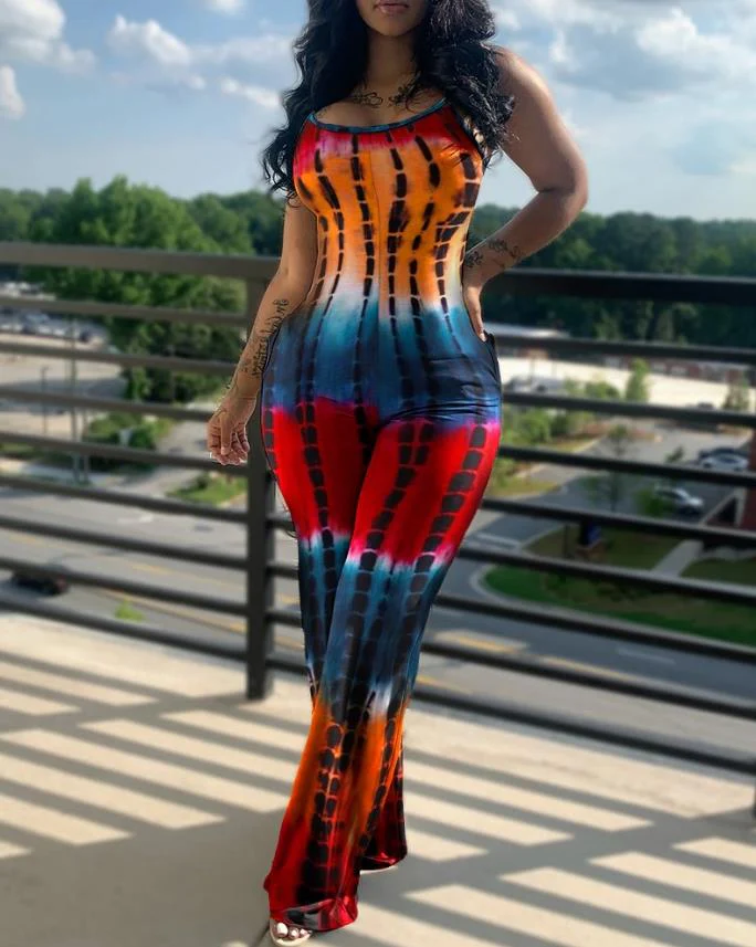 Sexy Women's Jumpsuit Summer Fashion Tie Dye Print U Neck Sleeveless Casual Pocket Design