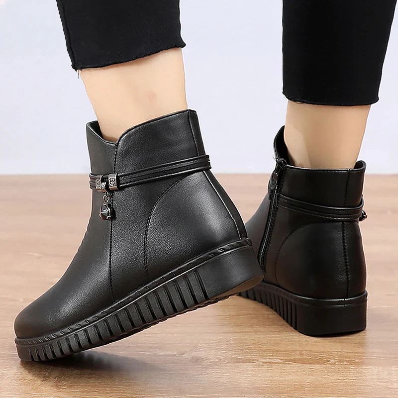 Women Ankle boots 2023 Warm Plush Wedge Boots for Women Casual Shoes Non-slip Waterproof Leather Boots Women Zipper Female Boots - Image 7