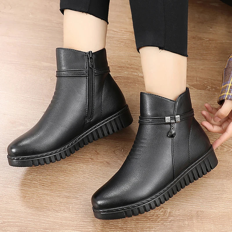 Women Ankle boots 2023 Warm Plush Wedge Boots for Women Casual Shoes Non-slip Waterproof Leather Boots Women Zipper Female Boots - Image 8