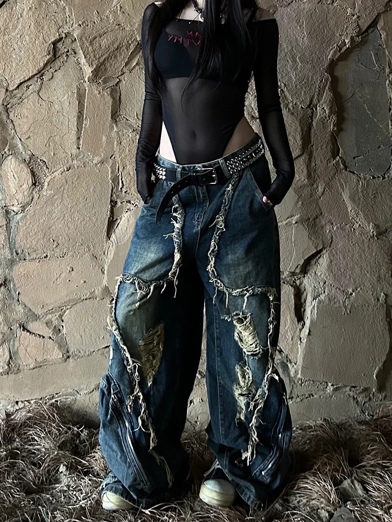 Women Black Gothic Cargo Jeans Harajuku Y2k Japanese 2000s Style Aesthetic Emo Denim Trousers Jean Pants Vintage Trashy Clothes - Image 4