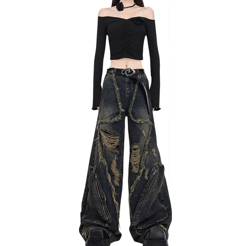Women Black Gothic Cargo Jeans Harajuku Y2k Japanese 2000s Style Aesthetic Emo Denim Trousers Jean Pants Vintage Trashy Clothes - Image 8