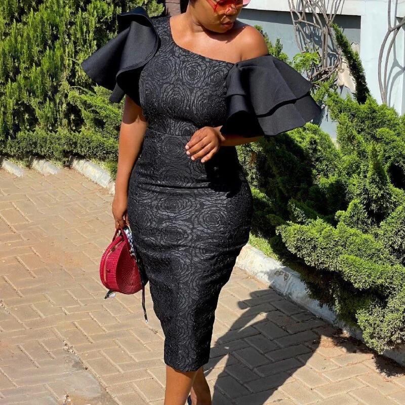 Women Black Lace Dress Off Shoulder Ruffles Package Hip Party White Slim Sheath Occasion Event Night Clubwear African Large Size - Image 3