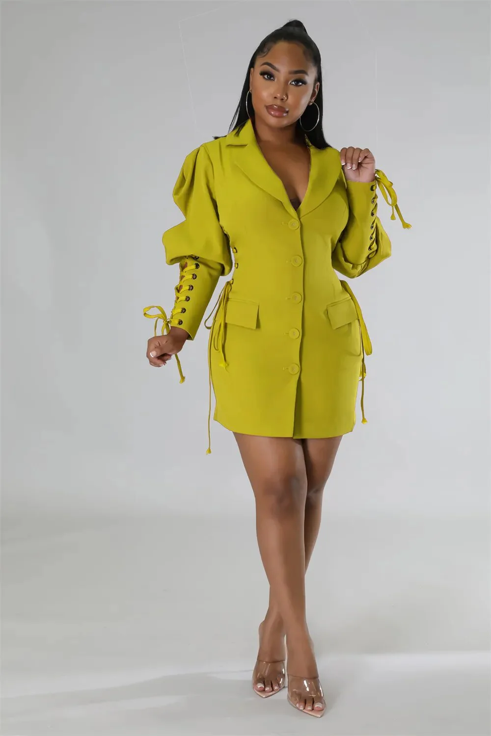 Women Blazer Dress 2023 New in Lace Up Lantern Long Sleeve Single Breasted Lapel Neck Jacket Office Ladies Formal Party Suits - Image 2