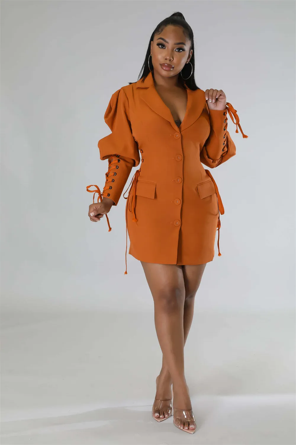Women Blazer Dress 2023 New in Lace Up Lantern Long Sleeve Single Breasted Lapel Neck Jacket Office Ladies Formal Party Suits - Image 3