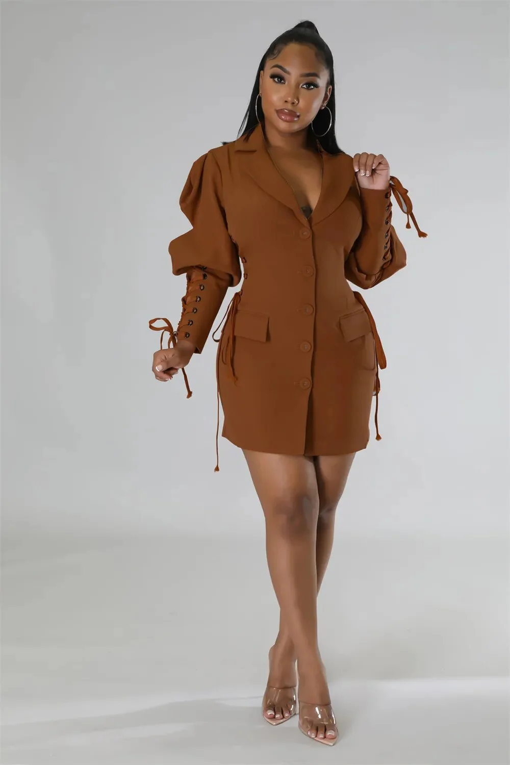 Women Blazer Dress 2023 New in Lace Up Lantern Long Sleeve Single Breasted Lapel Neck Jacket Office Ladies Formal Party Suits - Image 4