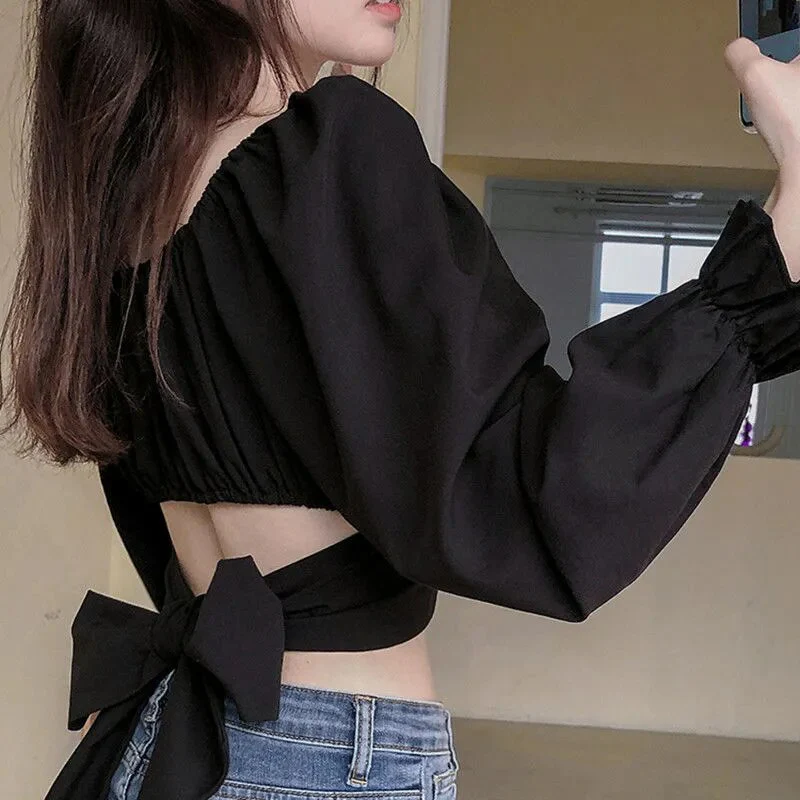 Women Blouses Solid Designer Slim Sexy Crop Top Bandage Square Collar Korean Style Trendy Temperament Females Shirts Summer Chic - Image 3