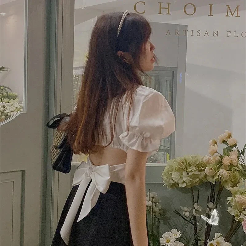 Women Blouses Solid Designer Slim Sexy Crop Top Bandage Square Collar Korean Style Trendy Temperament Females Shirts Summer Chic - Image 4