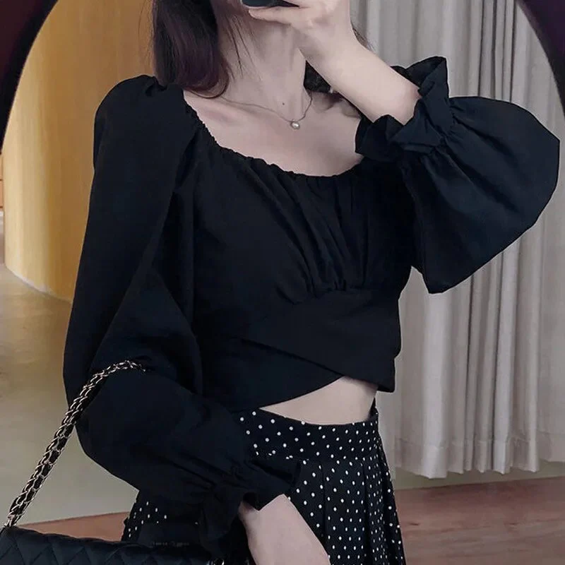Women Blouses Solid Designer Slim Sexy Crop Top Bandage Square Collar Korean Style Trendy Temperament Females Shirts Summer Chic - Image 7