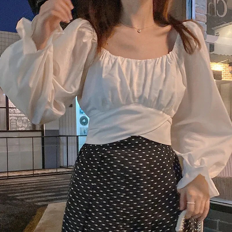 Women Blouses Solid Designer Slim Sexy Crop Top Bandage Square Collar Korean Style Trendy Temperament Females Shirts Summer Chic - Image 9