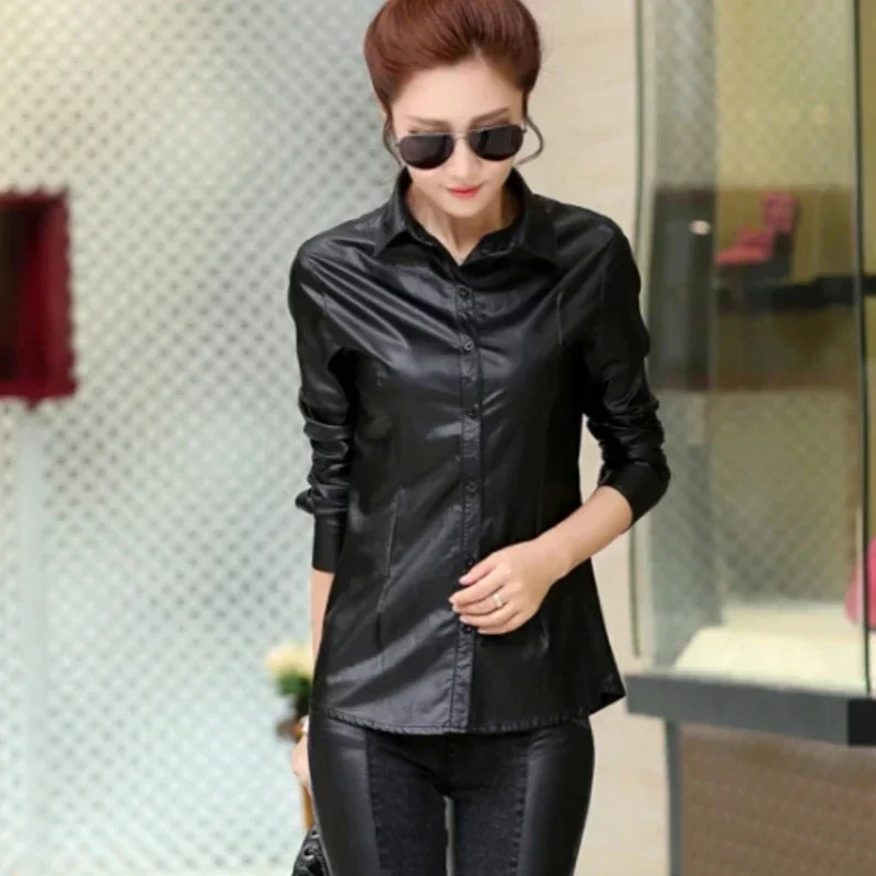 Women Blouses Spring New Shirt Temperament Slim Thin Long-sleeved  tops Women Shirts PU Leather Shirt Big Size Women Tops M2365 - Image 2