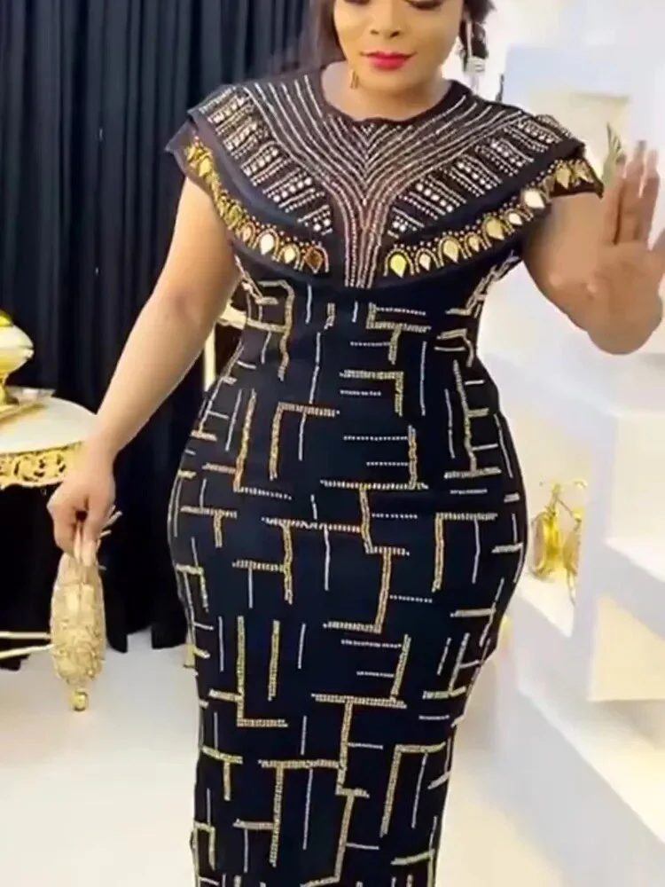 Women Bodycon Party Dress O Neck Shiny African Elegant Luxury Rihnestone Patchwork Shiny Large Size Ladies Gowns Summer 2023 New - Image 3