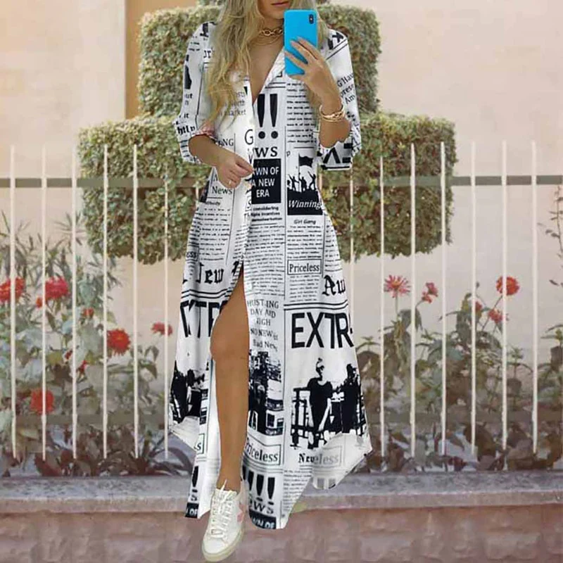 Women Boho Printed Long Shirts Dress Summer Turn-down Collar Long Sleeve Party Dress Female Casual Evening Maxi Dresses Vestidos - Image 3