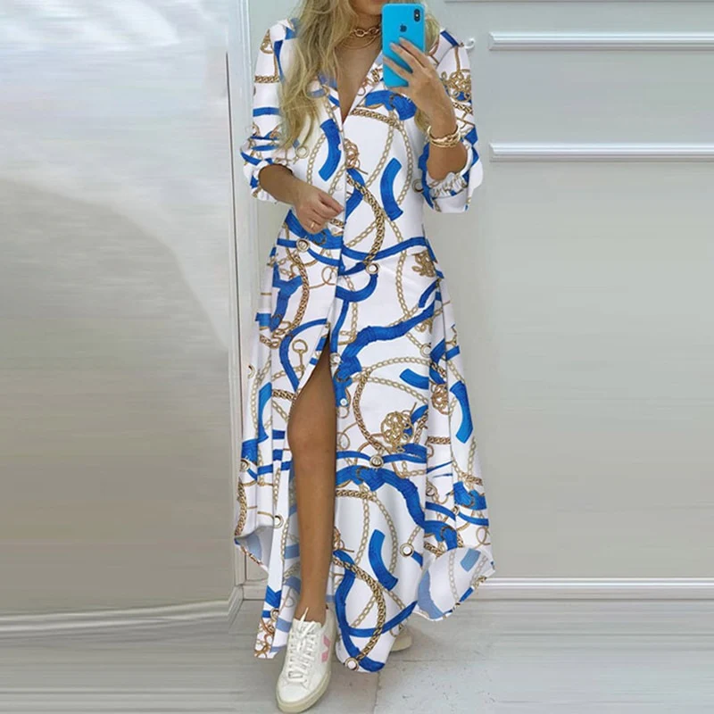 Women Boho Printed Long Shirts Dress Summer Turn-down Collar Long Sleeve Party Dress Female Casual Evening Maxi Dresses Vestidos - Image 7