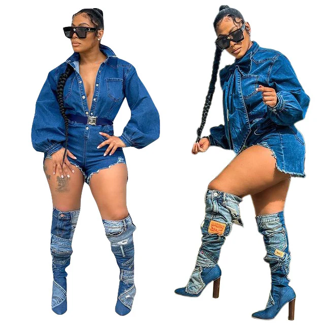Women Boutique Jeans 2022 Trendy Fashion Streetwear Jeans for Women Stylish Puff Sleeves Jeans Denim Lady Jumpsuit with Bow