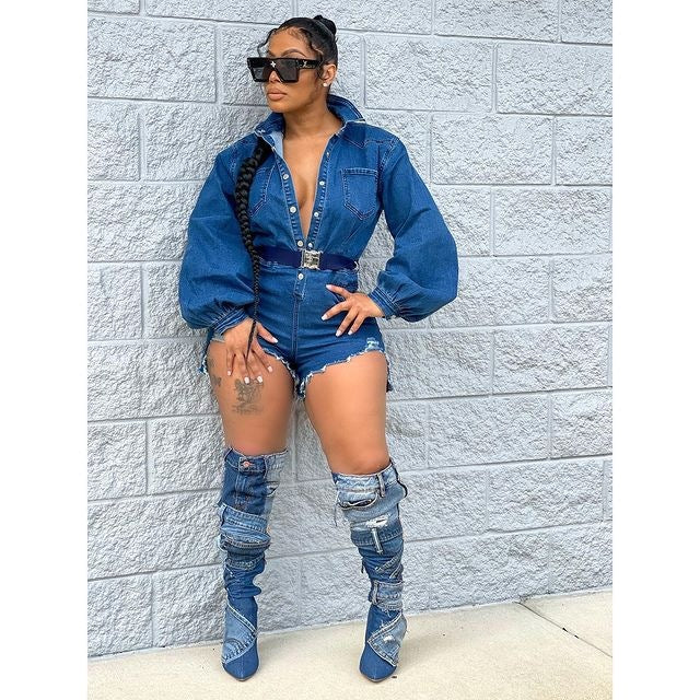 Women Boutique Jeans 2022 Trendy Fashion Streetwear Jeans for Women Stylish Puff Sleeves Jeans Denim Lady Jumpsuit with Bow - Image 7