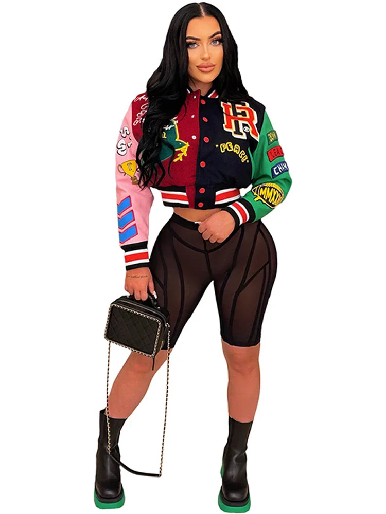 Women Casual Baseball Jackets Printed Patchwork Button Up Loose Crop Top Jackets Coats 2022 Autumn Lady Streetwear Bomber Jacket - Image 2