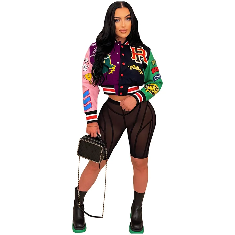 Women Casual Baseball Jackets Printed Patchwork Button Up Loose Crop Top Jackets Coats 2022 Autumn Lady Streetwear Bomber Jacket - Image 3