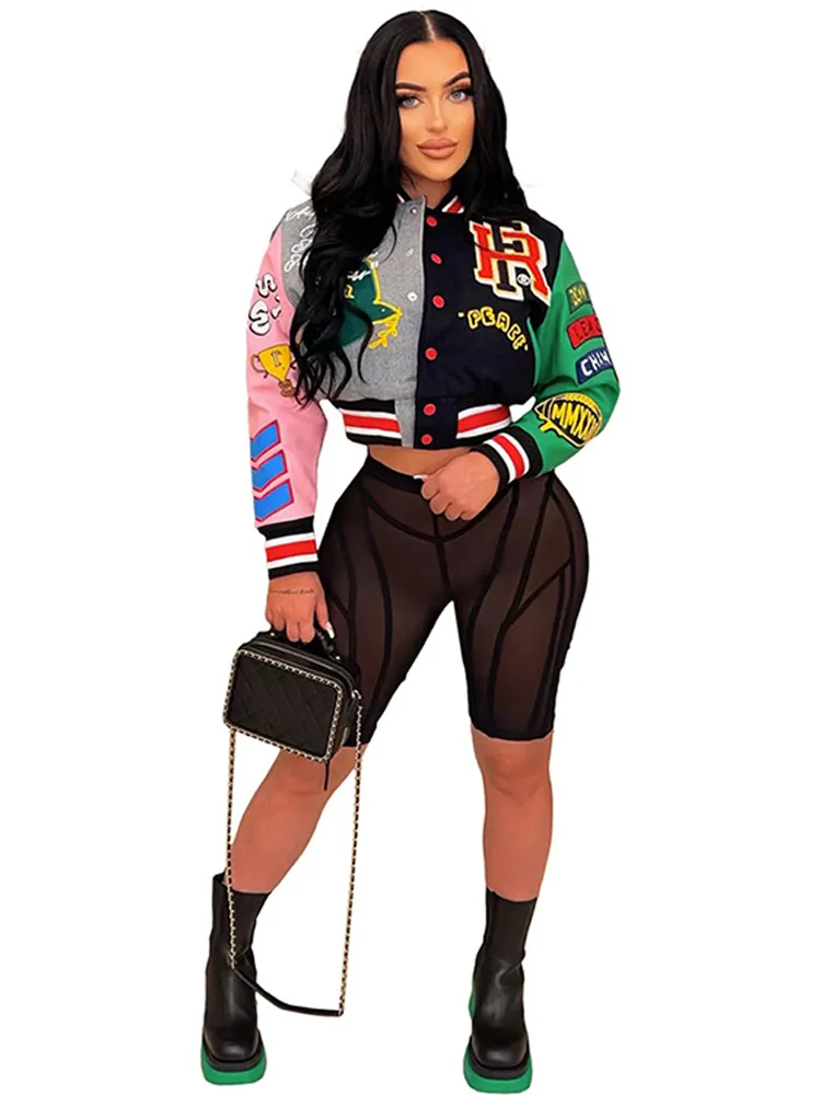 Women Casual Baseball Jackets Printed Patchwork Button Up Loose Crop Top Jackets Coats 2022 Autumn Lady Streetwear Bomber Jacket - Image 4