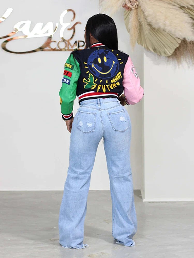 Women Casual Baseball Jackets Printed Patchwork Button Up Loose Crop Top Jackets Coats 2022 Autumn Lady Streetwear Bomber Jacket - Image 9