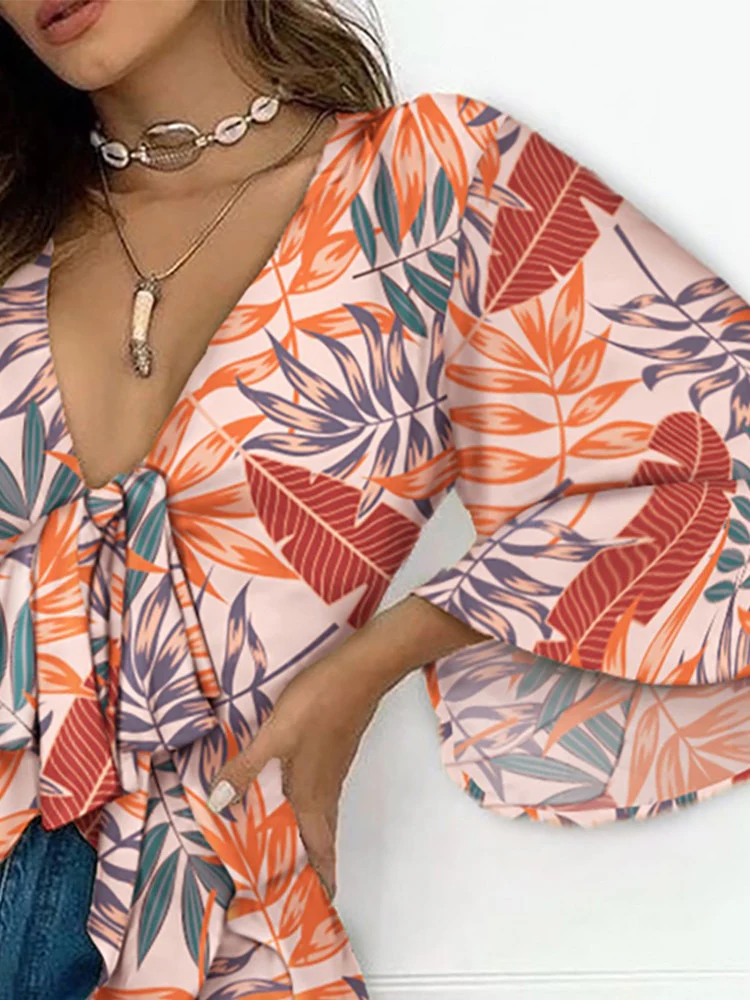 Women Casual Blouses Tropical Print Ruffles Trim Tie Front Bell Sleeve Tops - Image 3